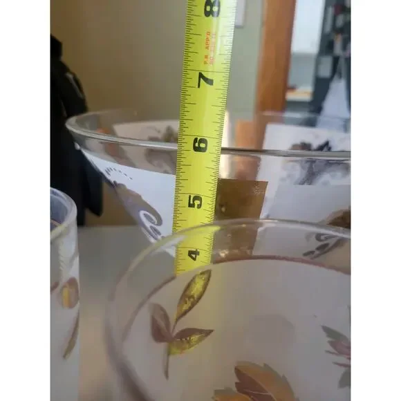 Libbey Gold Leaf Chip Bowl Vintage Serving Punch Frosted Glass Gold with 4 glass - Picture 11 of 12